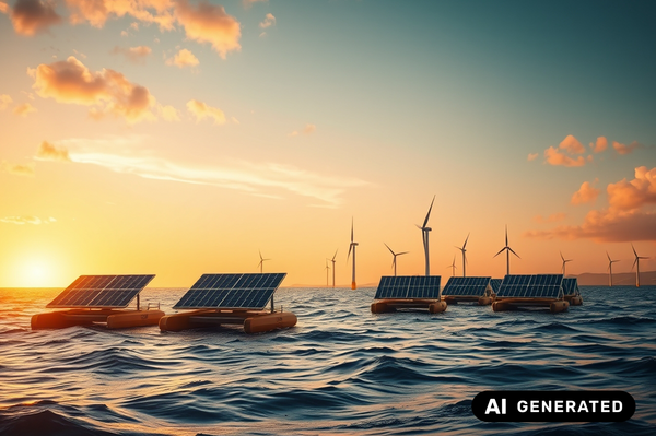 Ki-generiertes Bild, schwimmende Photovoltaik-Panels auf dem Wasser, im Hintergrund Windräder und ein Sonnenuntergang/eine Verlinkung des Bildes führt zur Forschungsprojektwebsite