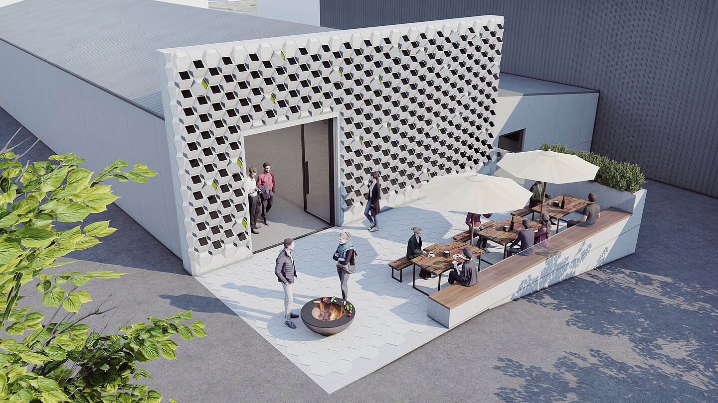 Visualisierung der SOLAR.con-Demonstratorfassade auf dem Firmengelände vom Projektpartner Hering Bau