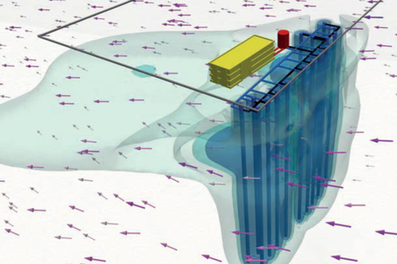 Grafik: Simulation einer Geothermieanlage, blaues Wasser, Rohre und Pfeile stellen die Strömung des Grundwassers dar