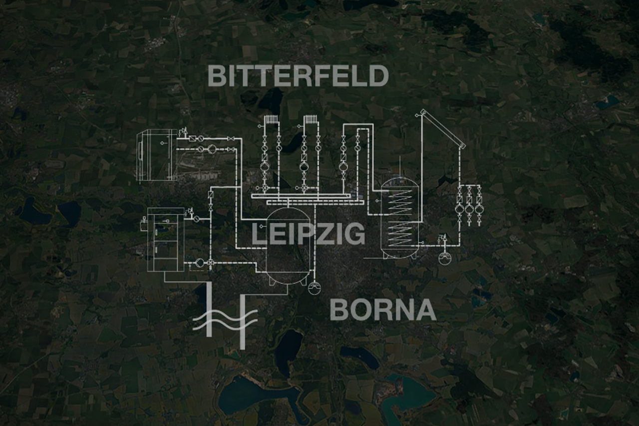 dunkle Grafik mit heller Skizze einer geothermischen Anlage sowie Worte Borna, Leipzig, Bitterfeld/bei Verlinkung führt Link zur Projektwebsite
