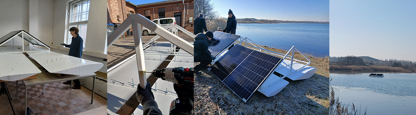 Bildkollage aus Projektbildern, 1. Bild Mitarbeiter steht an Prototyp aus Solarpanel und schwimmendem Rotorblatt-Element, 2. Bild zeigt Bohrarbeiten an Rotorblattelement, 3. Bild zeigt Installation des Prototypen am See, 4. Bild zeigt Prototyp auf dem See schwimmend