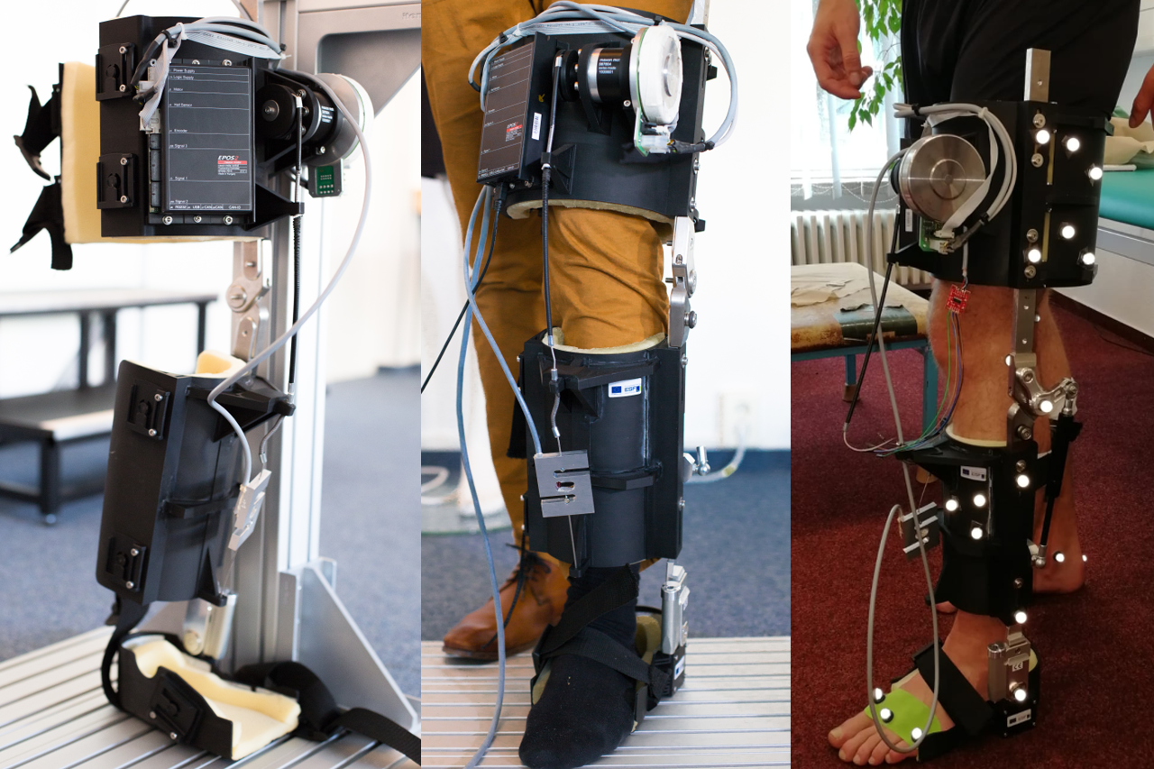 Projektbild siBus Exoskelett Prototyp in Nahaufnahme und im Detail am Bein